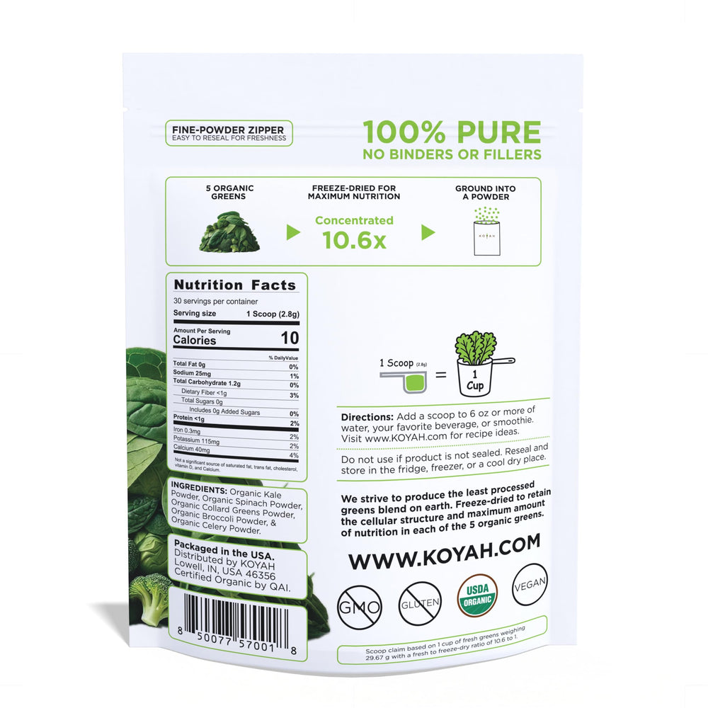 KOYAH greens powder scoop in use adding to a smoothie