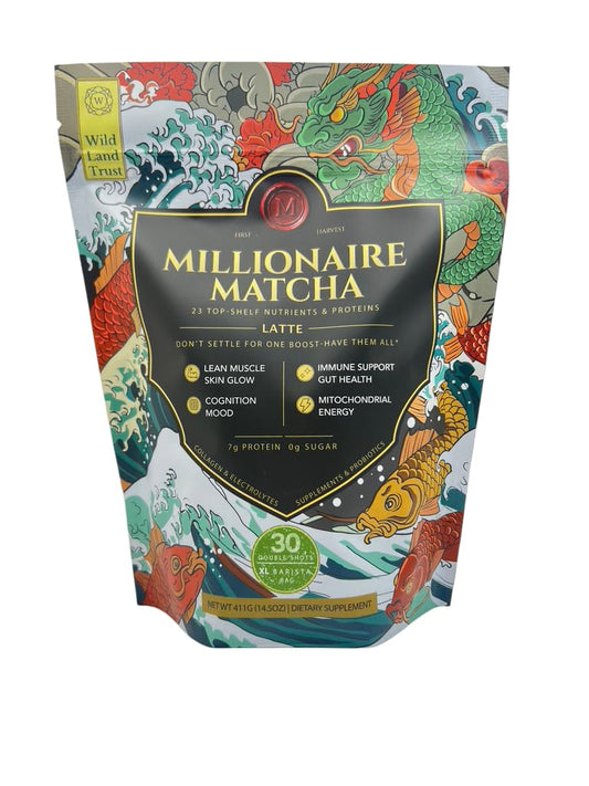 K* PAX Millionaire Matcha bottle showcases ceremonial grade latte mix for focus and sustained energy