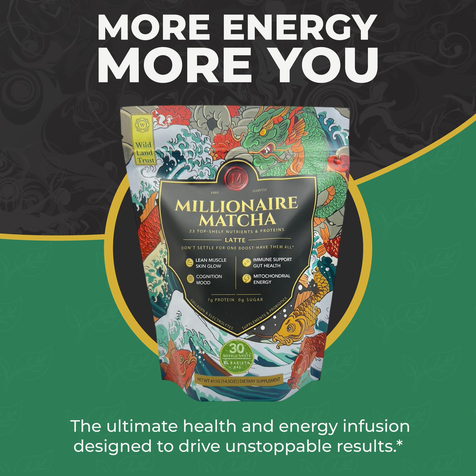 Dairy-free jar of K* PAX Millionaire Matcha reveals gluten-free and sugar-free formula