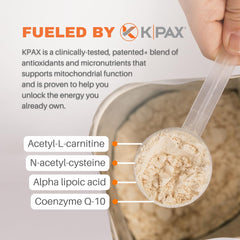 KPAX mitochondrial-support blend packaging highlights energy-enhancing ingredients.