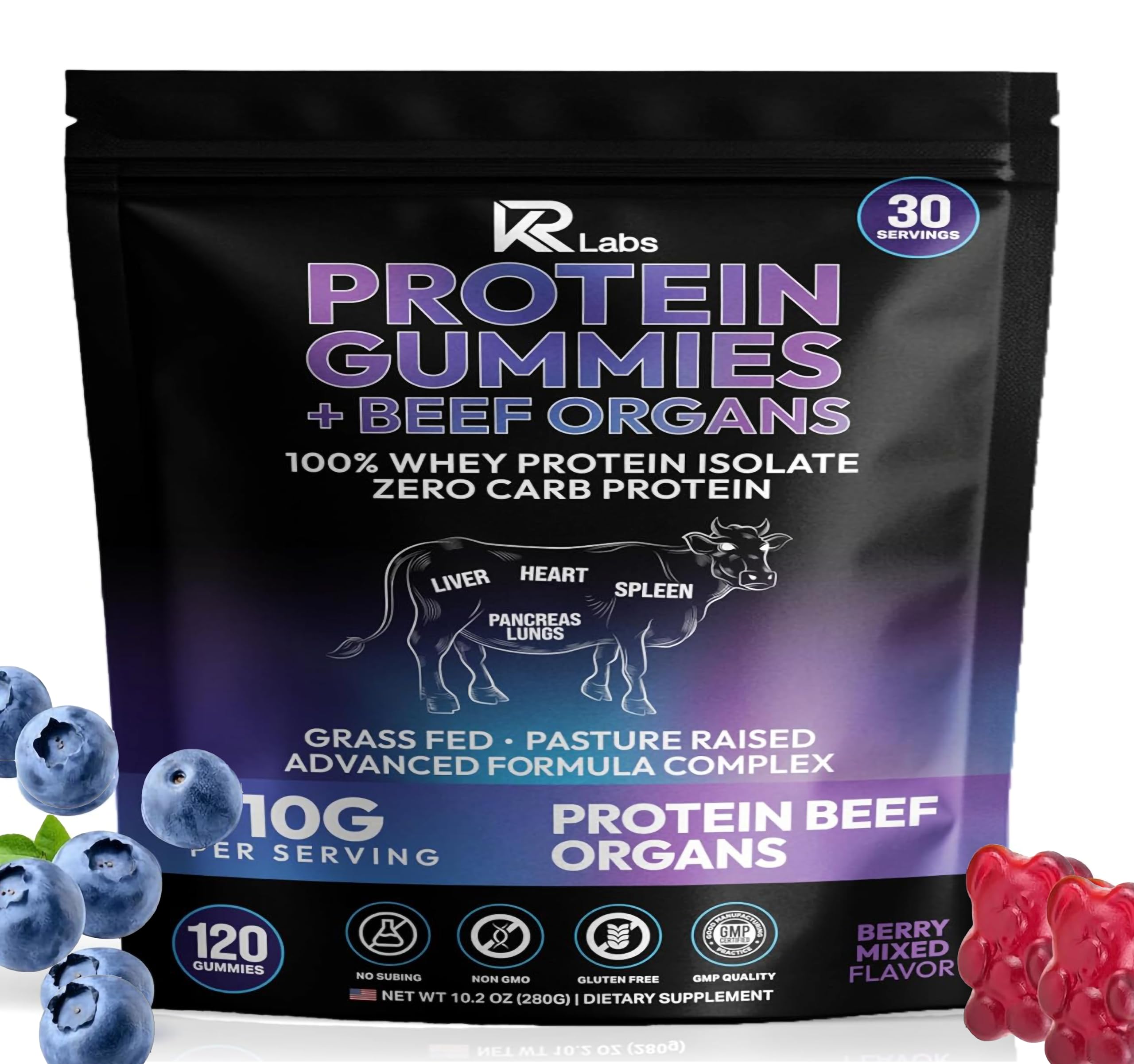 KR Labs Protein Gummies with Beef Organs bottle, convenient on-the-go protein snack.