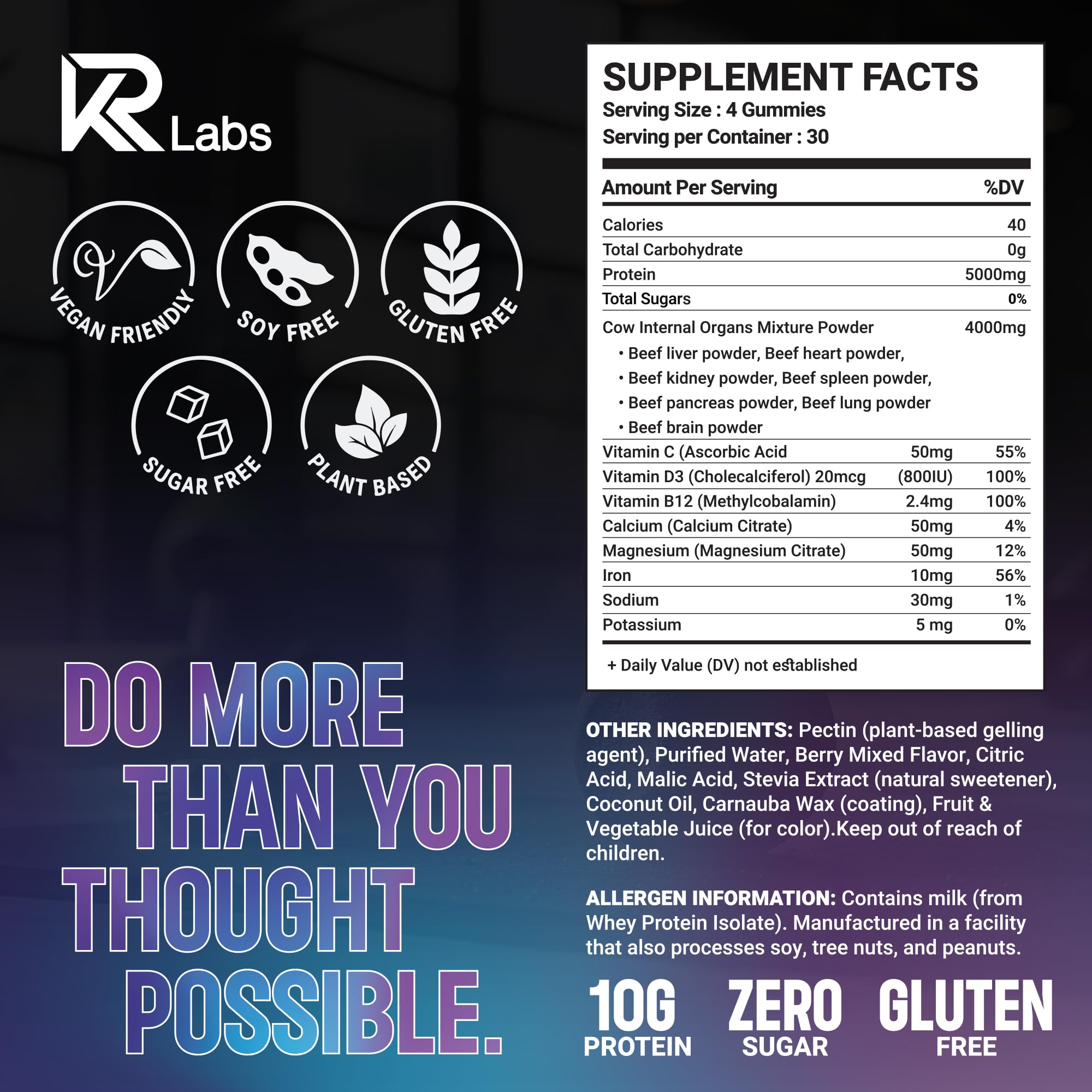KR Labs protein gummies showing grass-fed blend and whole-food style ingredients.
