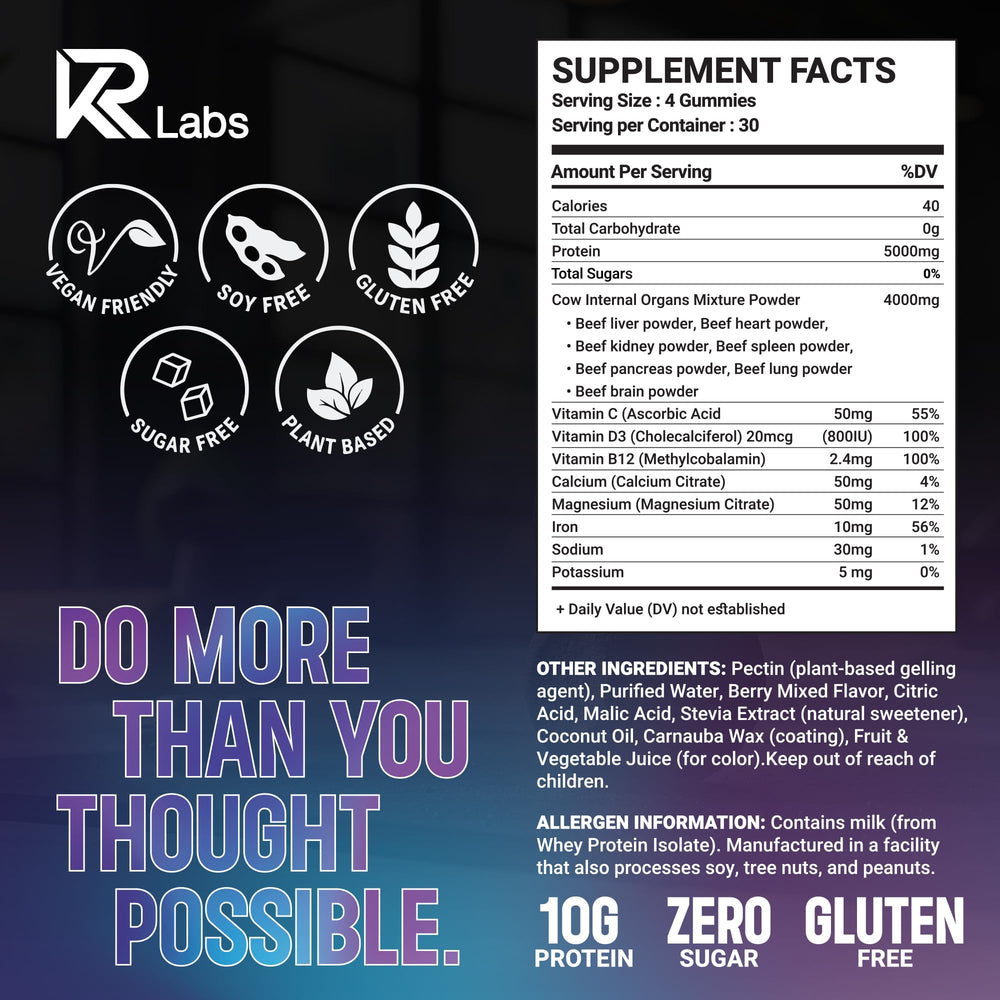 KR Labs protein gummies showing grass-fed blend and whole-food style ingredients.