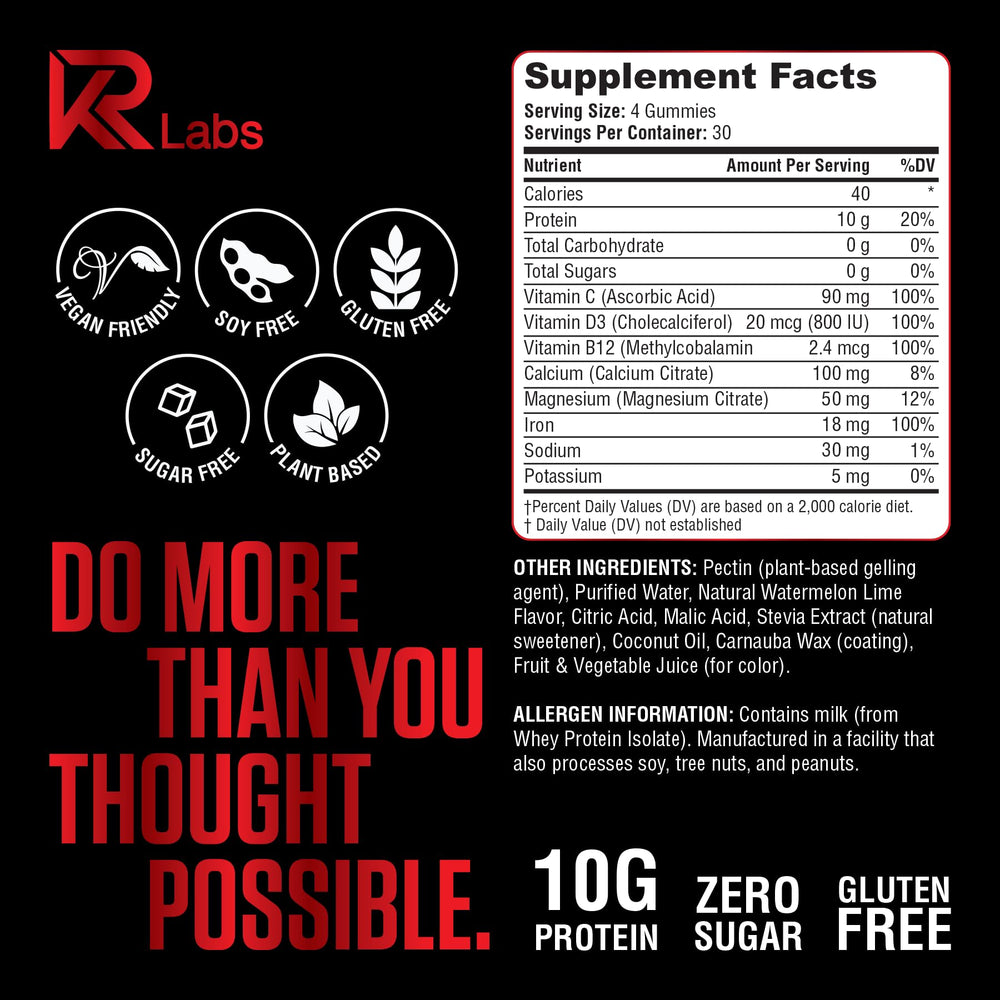 KR Labs serving size graphic shows 10g protein per 4 gummies.