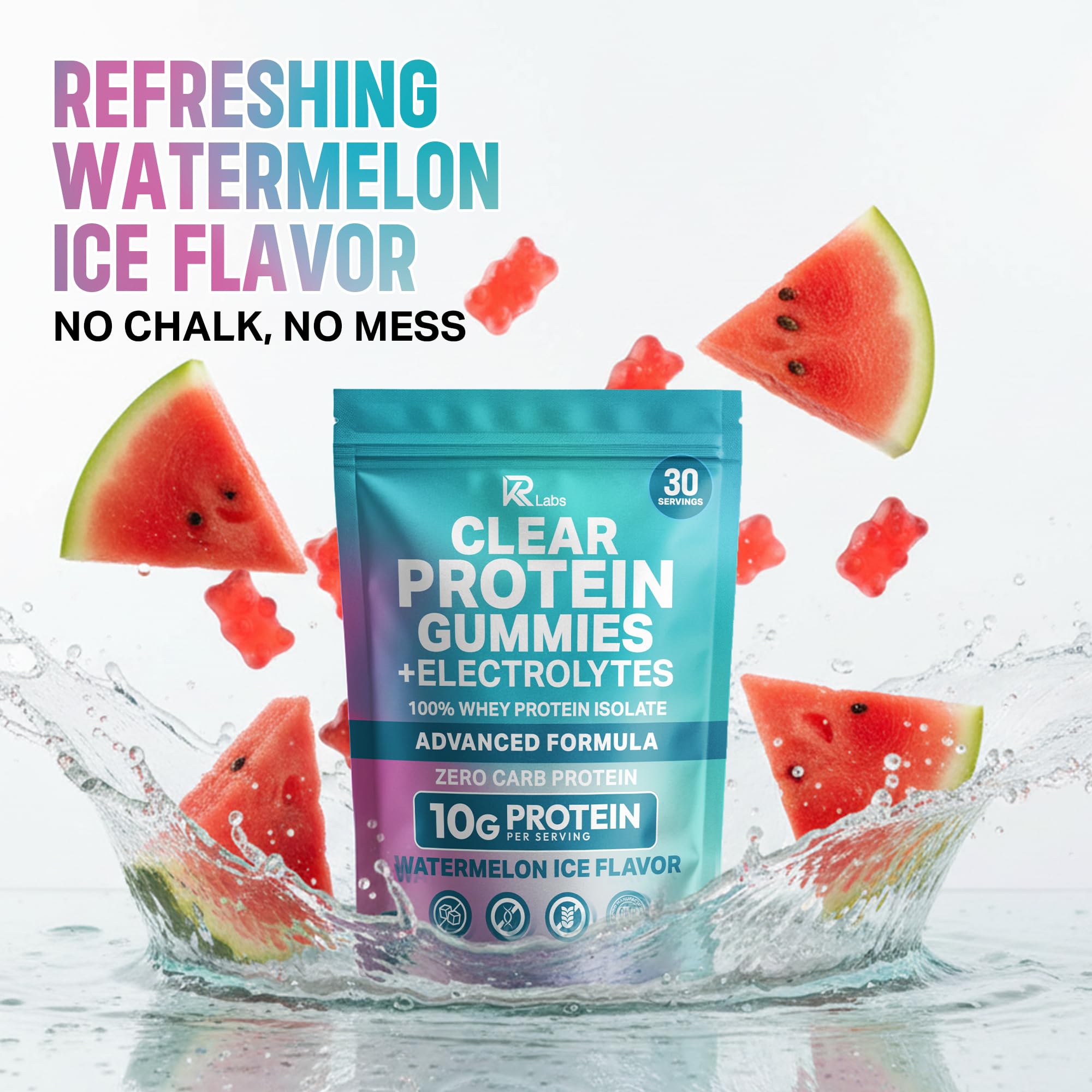 KR Labs Zero Carb Clear Whey Gummies gluten-free and non-GMO badge.