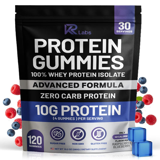 KR Labs Zero Carb Whey Gummies mixed berry bag with 120 gummies and 10g protein per serving.