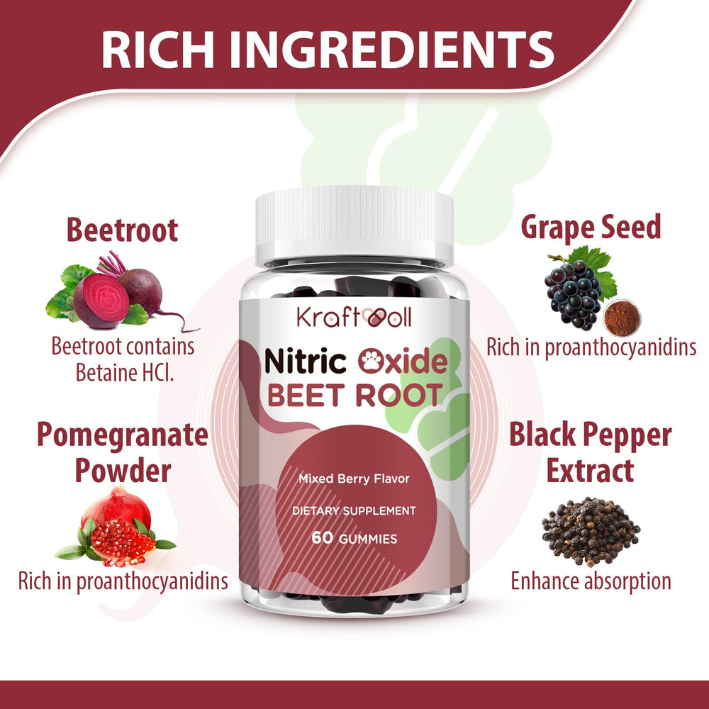 Kraftvoll Nitric Oxide Beet Root Gummies ingredients panel highlights grapeseed, pomegranate, and vitamin C support.