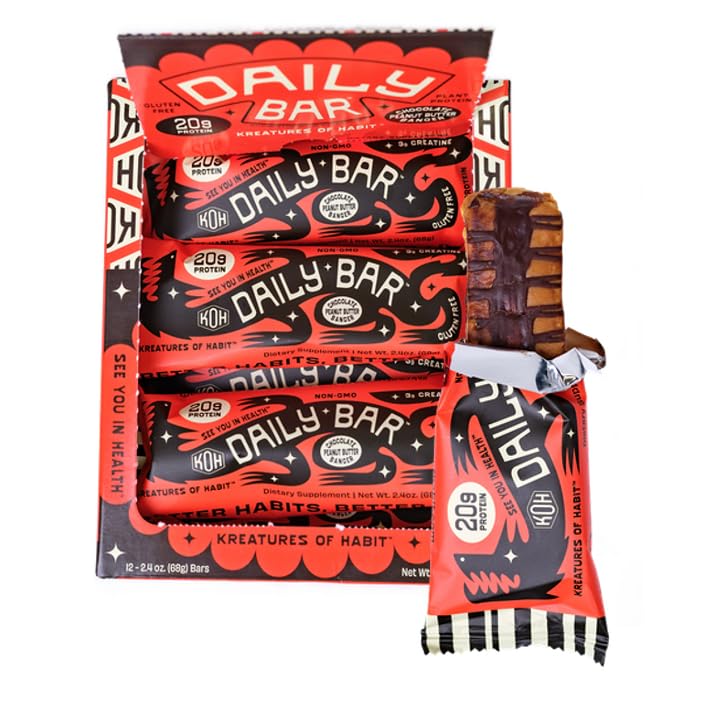 Kreatures of Habit Daily Bar chocolate peanut butter banger, bold flavor and protein