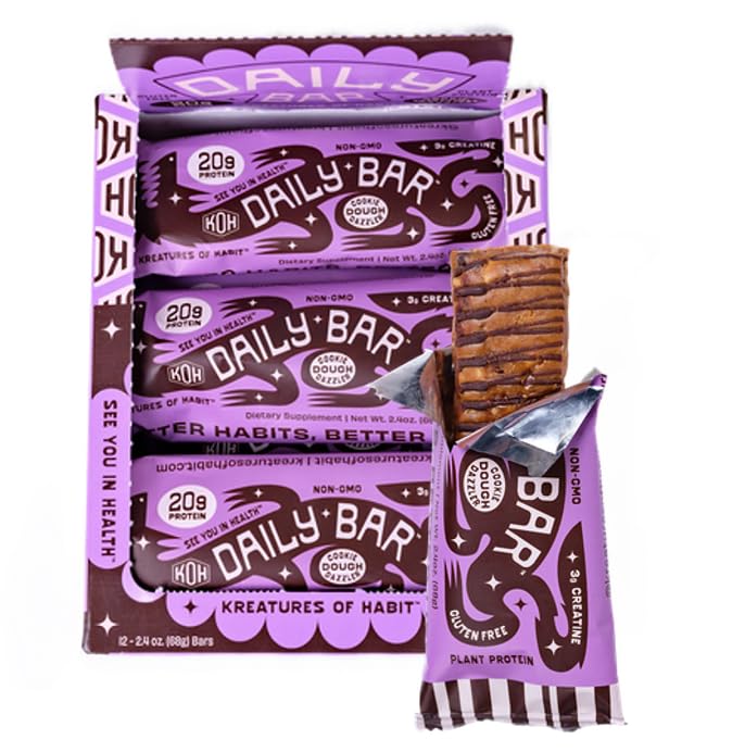 Kreatures of Habit Daily Bar Cookie Dough Dazzler pack shot shows a gluten-free, protein-packed snack.