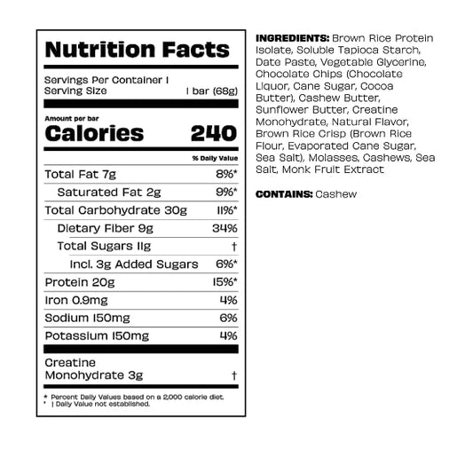Kreatures of Habit Daily Bar nutrition label closeup highlights 20g protein per bar.
