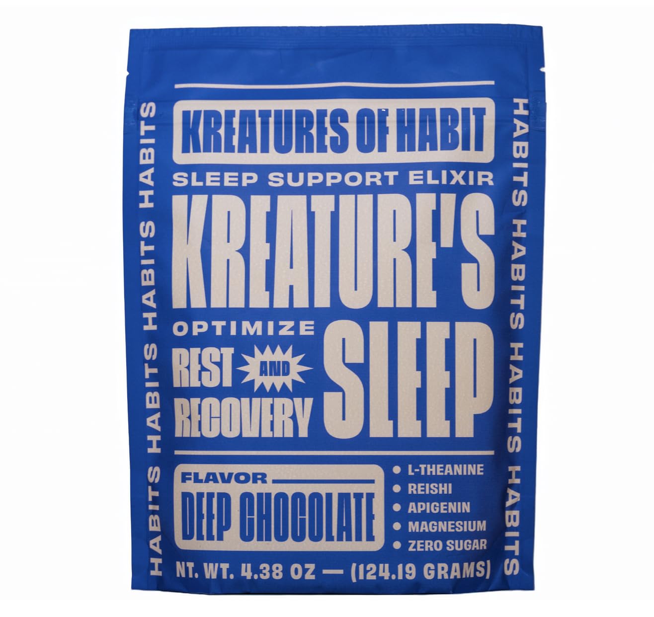 Kreatures of Habit Sleep chocolate powder tub shows plant-based, sugar-free evening ritual
