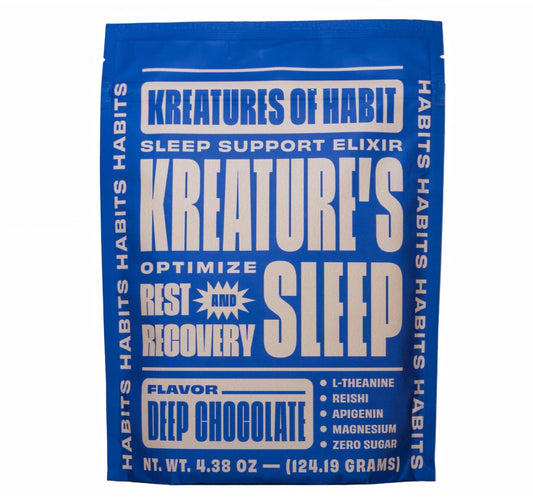 Kreatures of Habit Sleep chocolate powder tub shows plant-based, sugar-free evening ritual