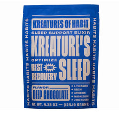 Kreatures of Habit Sleep chocolate powder tub shows plant-based, sugar-free evening ritual