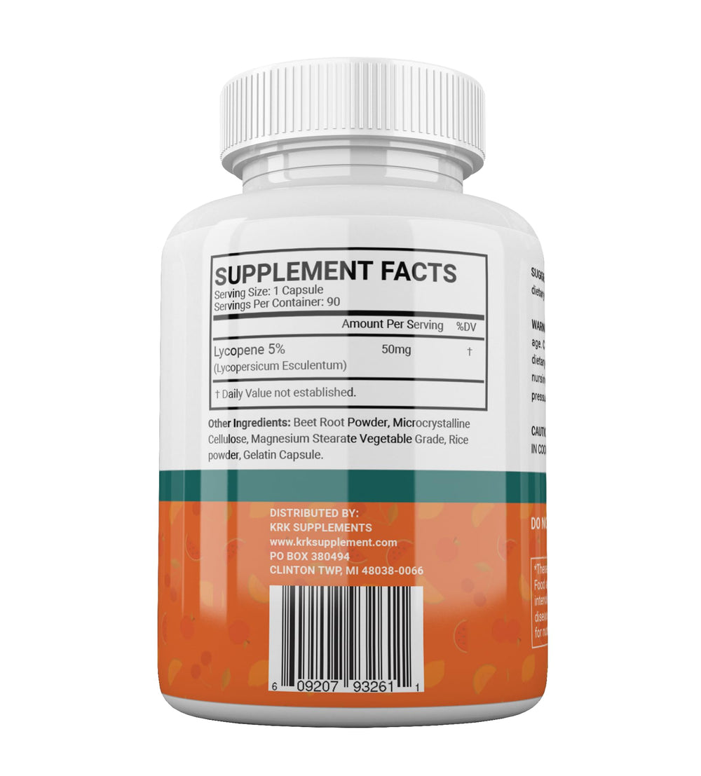 KRK Supplements Lycopene 50mg bottle back label with clear directions.