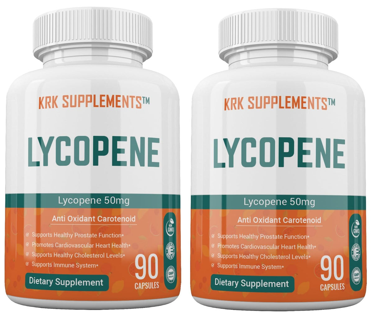 KRK Supplements Lycopene 50mg bottle front in a two-pack for daily antioxidant support.