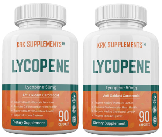 KRK Supplements Lycopene 50mg bottle front in a two-pack for daily antioxidant support.