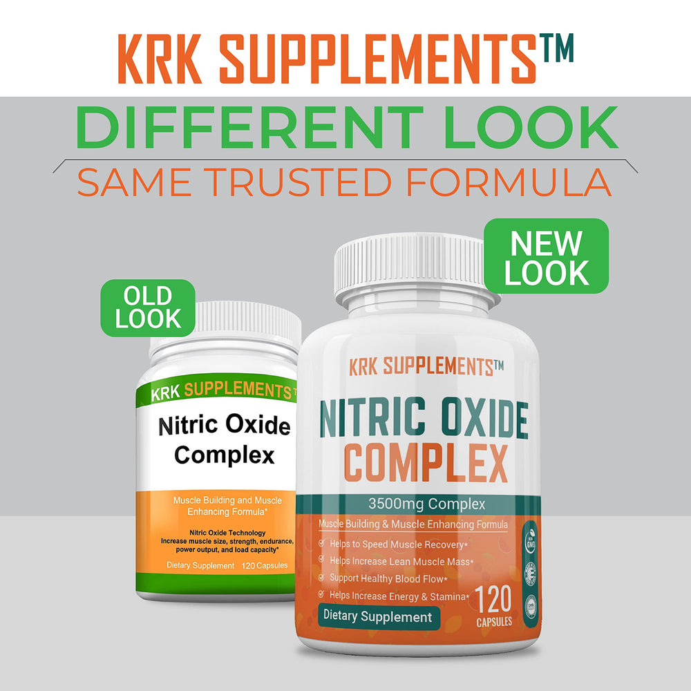 KRK Supplements Nitric Oxide capsules close-up highlights 3500mg per serving.