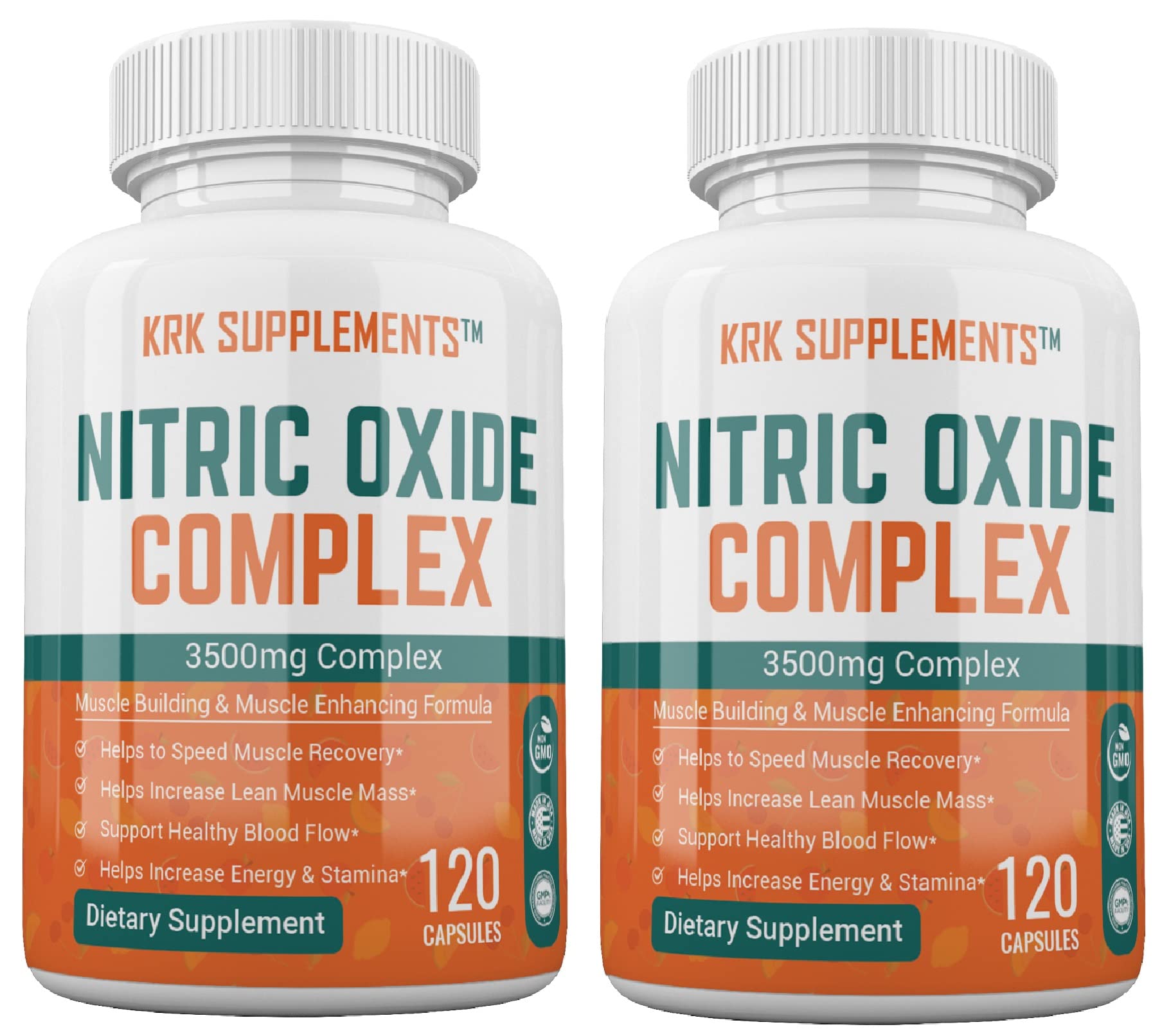 KRK Supplements Nitric Oxide Complex bottle front view emphasizes strength and performance support.