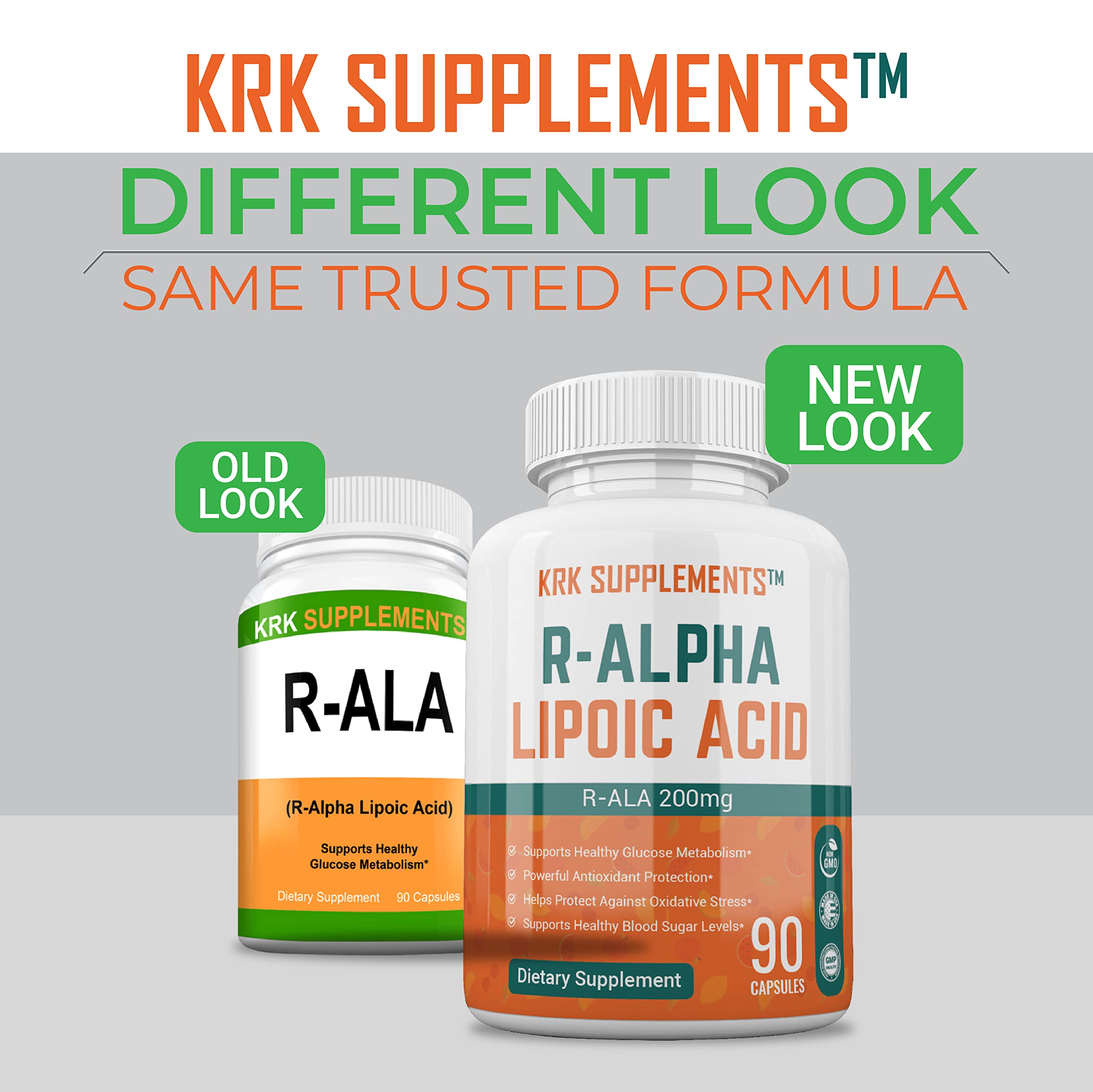 KRK Supplements R-ALA bottle back label: nutrition details for transparency.