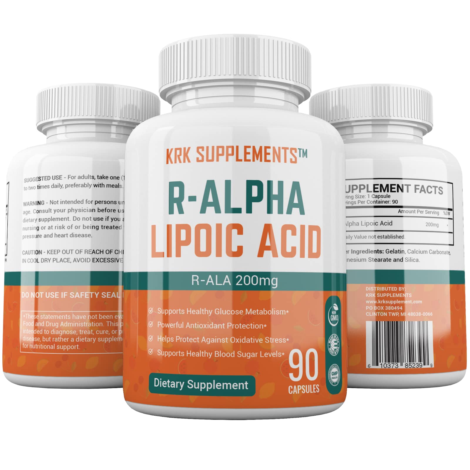 KRK Supplements R-ALA capsules close-up: smooth, easy-to-swallow capsules.