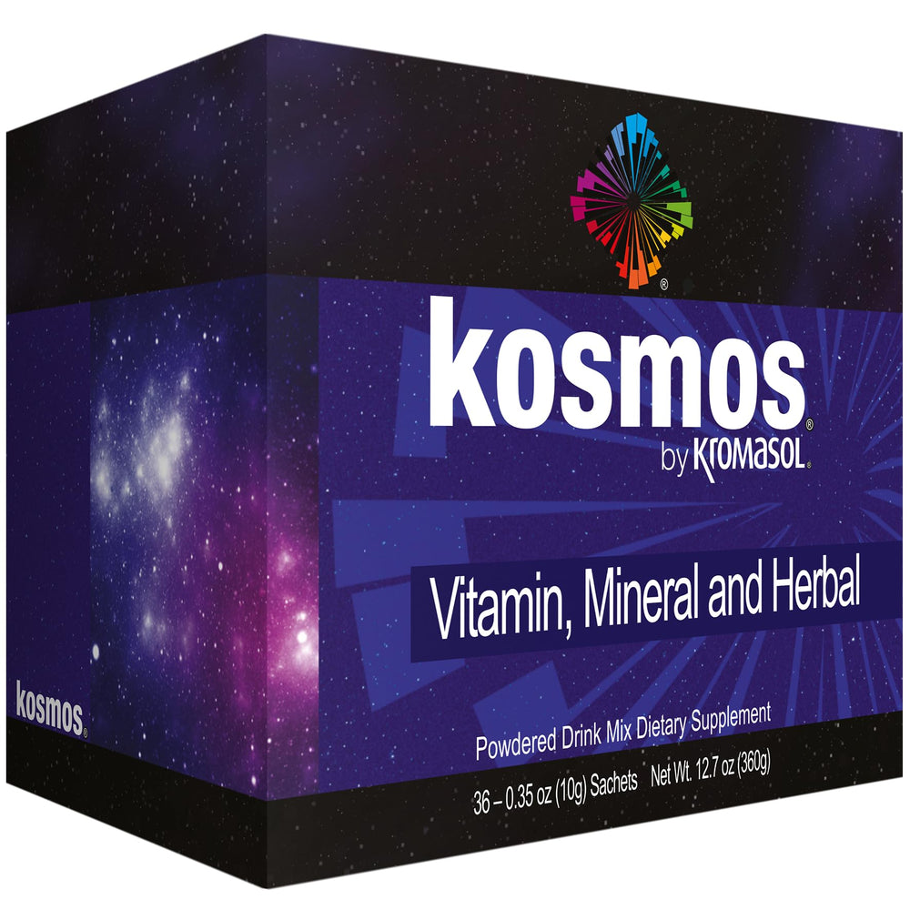 Kromasol Kosmos bottle being poured to suggest daily antioxidant support and convenient use.