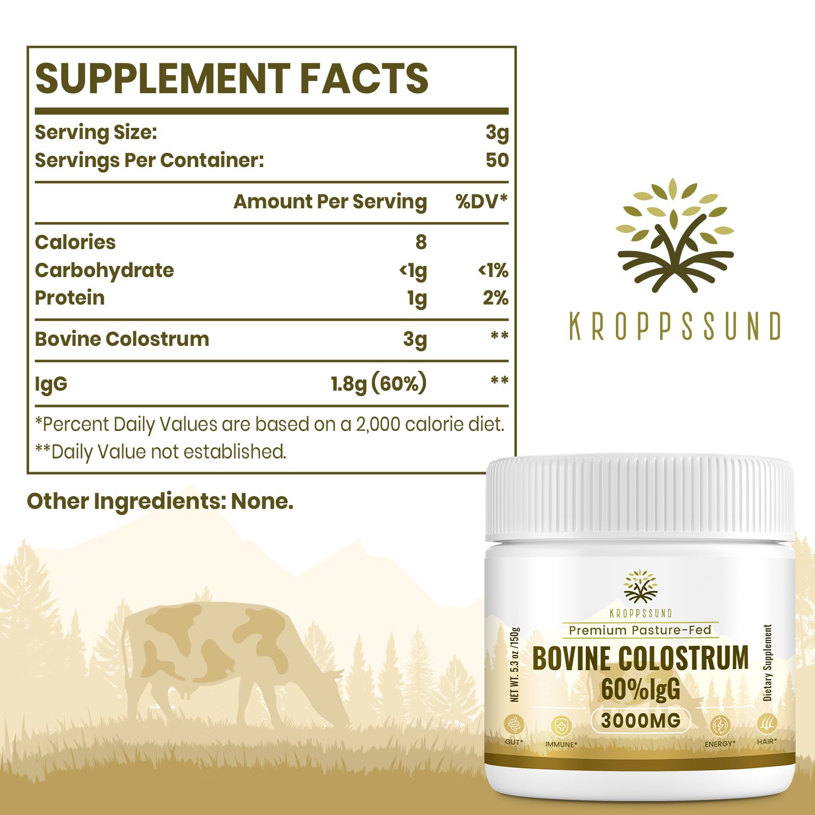 Kroppssund Bovine Colostrum packaging box highlights high IgG concentration.
