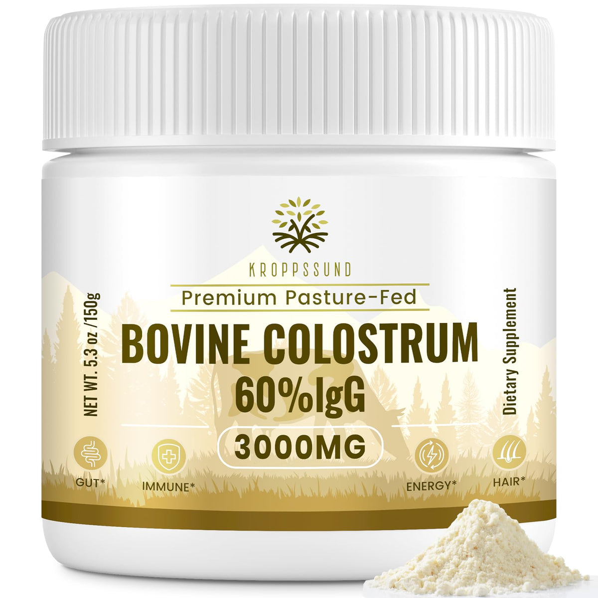 Kroppssund Bovine Colostrum powder bottle front highlights premium 65% IgG for immune support.