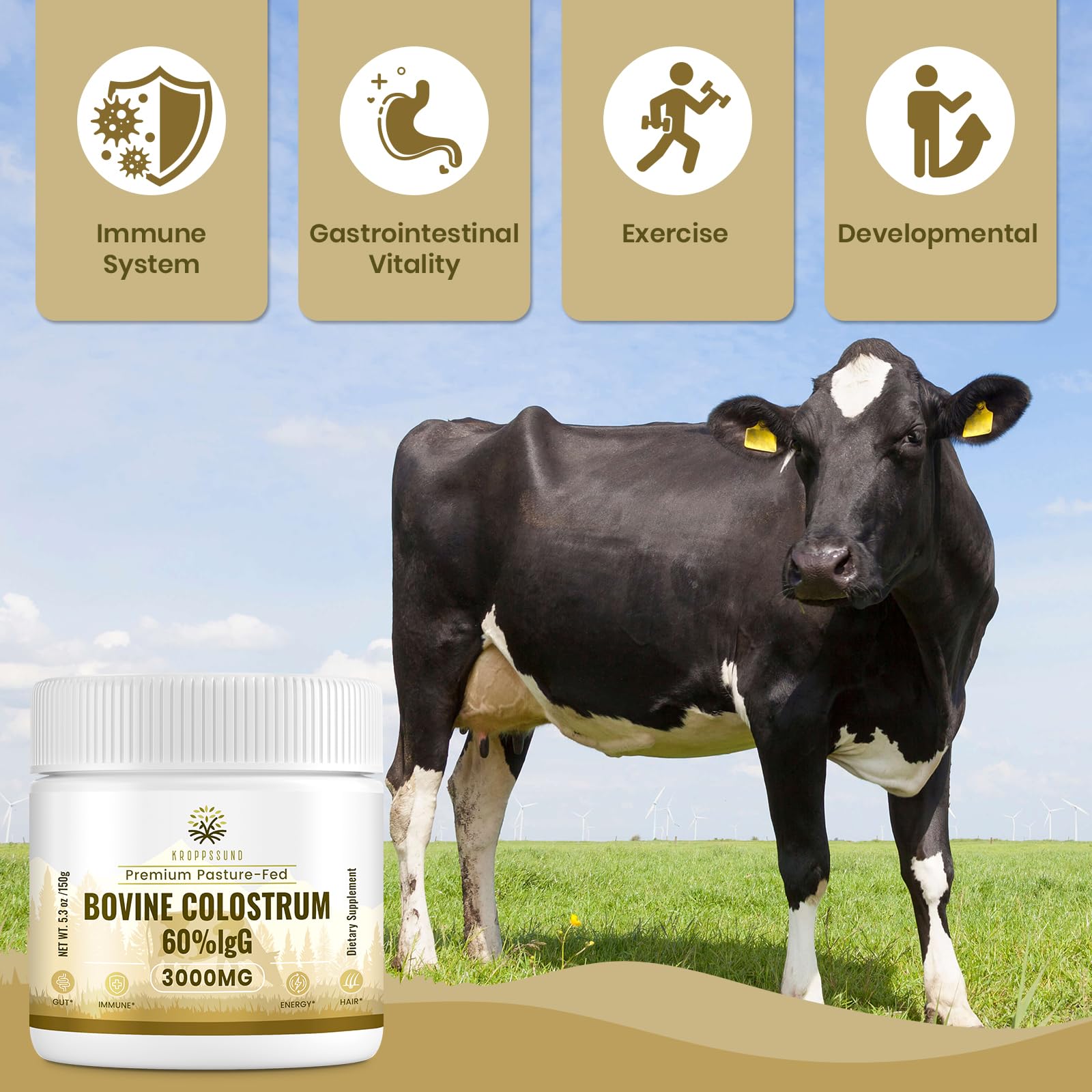 Kroppssund Bovine Colostrum powder with scoop for easy daily use.