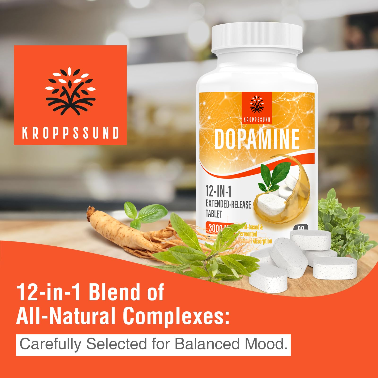 Kroppssund extended-release dopamine tablets close-up for steady daily support.