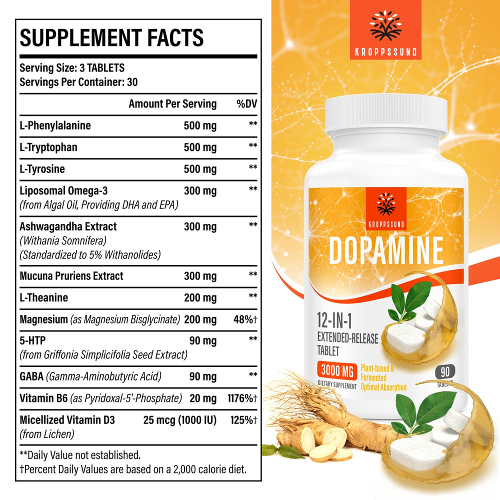 Kroppssund packaging highlights plant-based dopamine formula.