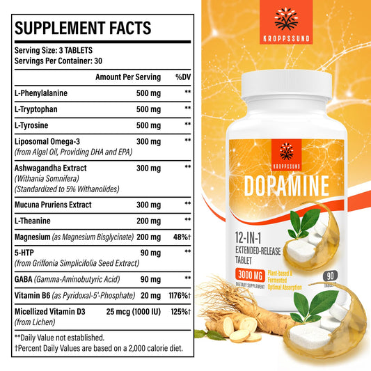 Kroppssund packaging highlights plant-based dopamine formula.