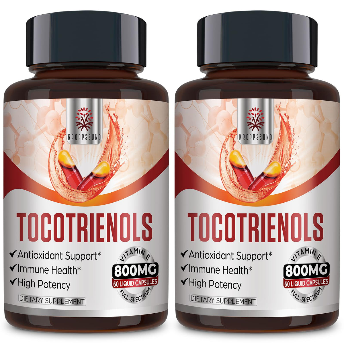 Kroppssund Tocotrienol full spectrum bottle with 120 capsules for daily antioxidant support.
