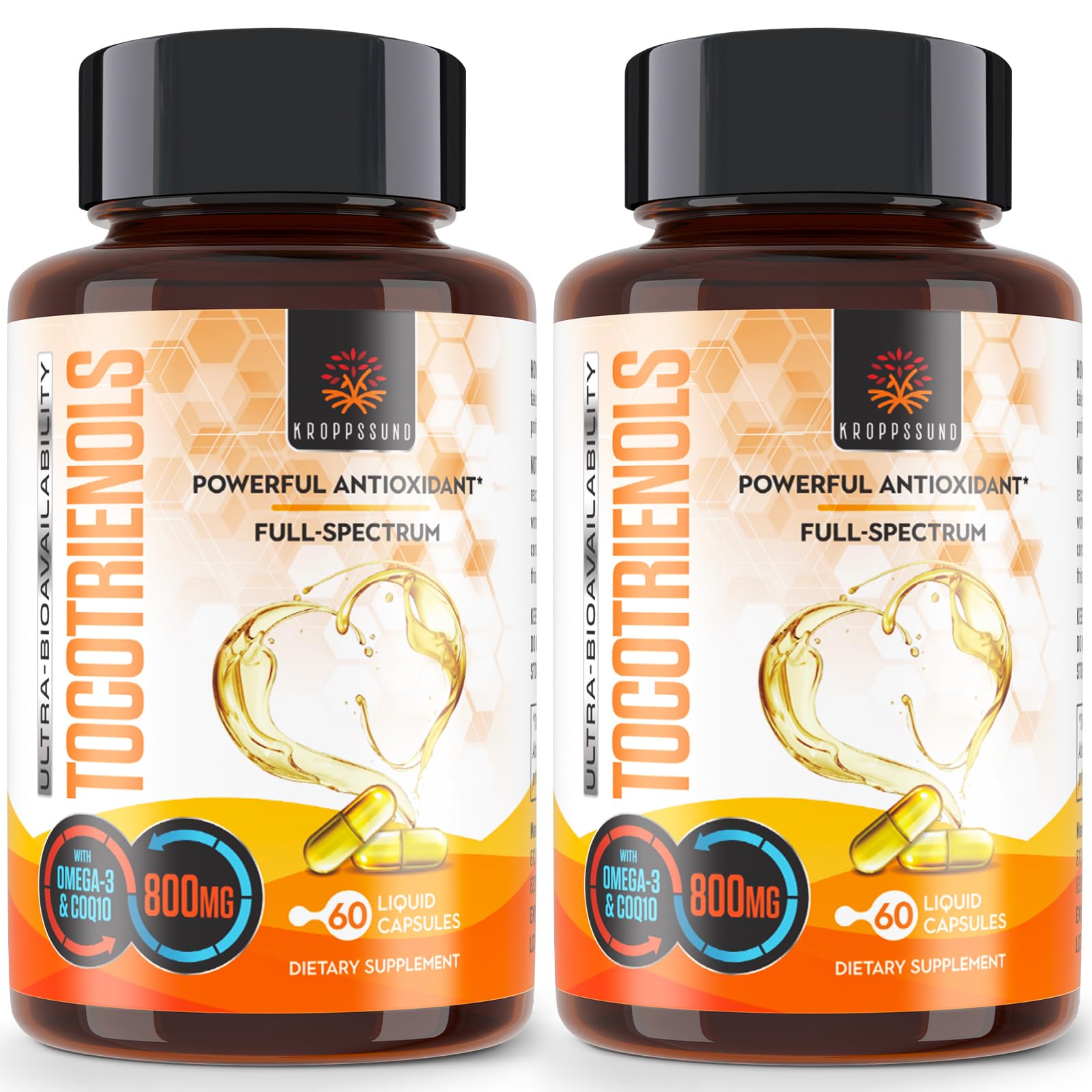 Kroppssund Tocotrienols 800mg bottle showing 120 liquid capsules for daily use