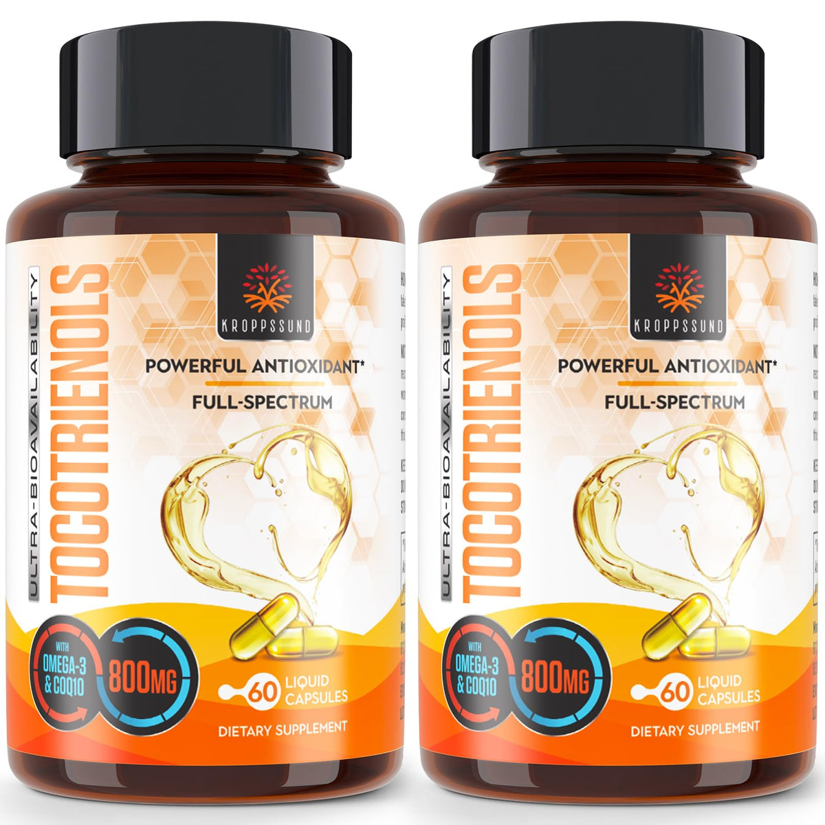 Kroppssund Tocotrienols 800mg bottle showing 120 liquid capsules for daily use