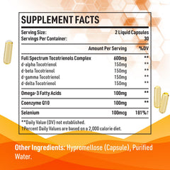 Close-up of Kroppssund Tocotrienols liquid capsules highlighting enhanced dispersion