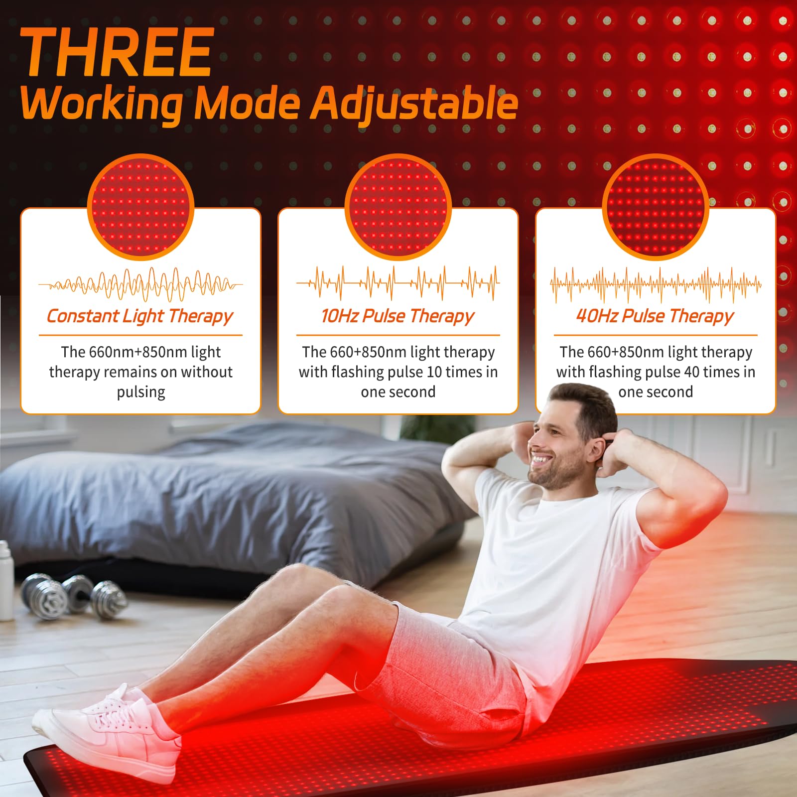 KTS mat features customizable brightness, timer, and pulsing modes