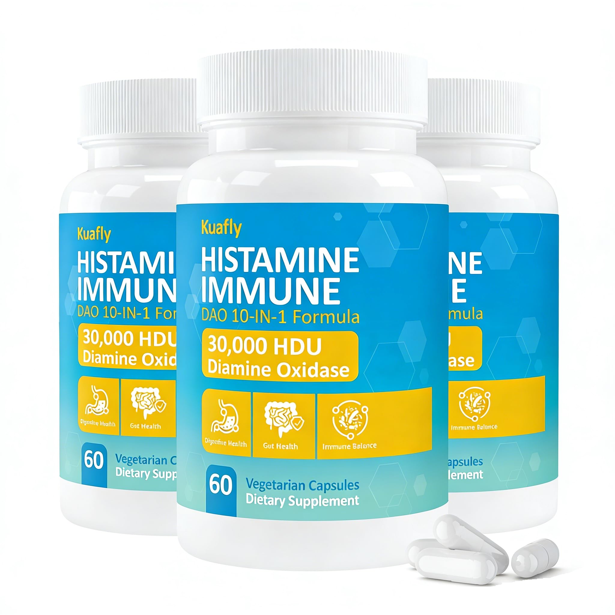 KUAFLY DAO enzyme bottle shows 180 capsules for gut support and histamine management.