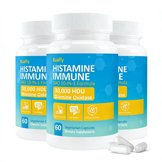 KUAFLY DAO enzyme bottle shows 180 capsules for gut support and histamine management.