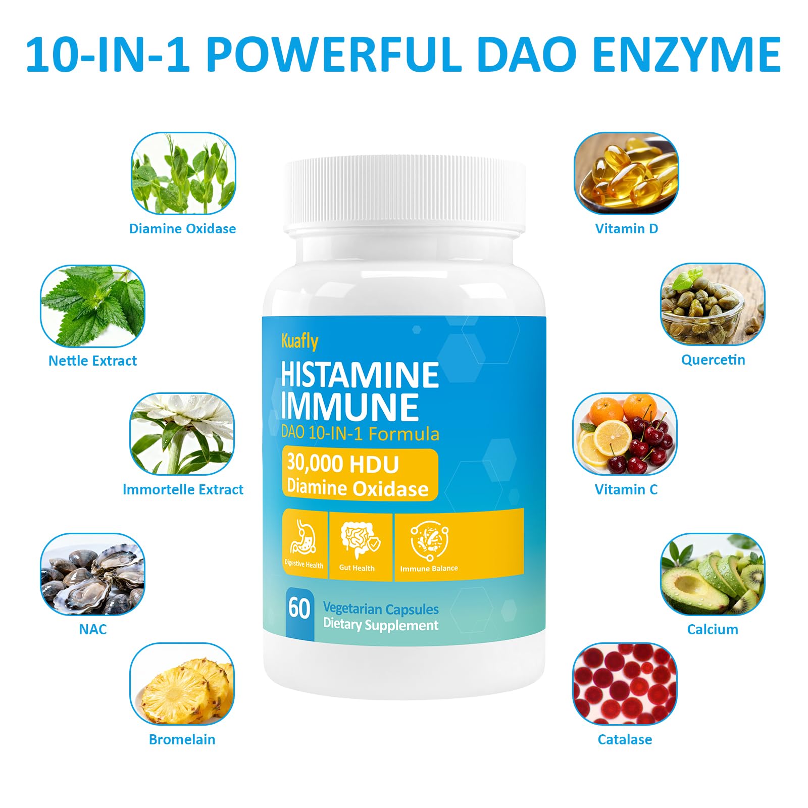 KUAFLY DAO capsules closeup highlights the high-potency enzyme formula for daily use.