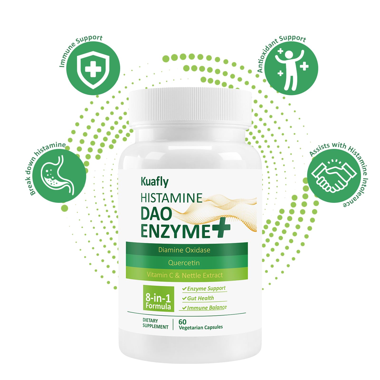 KUAFLY DAO ingredients section featuring quercetin to support enzyme activity