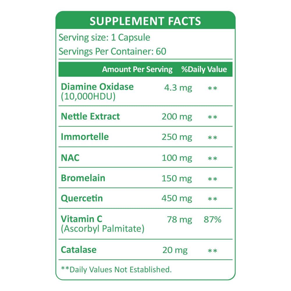 KUAFLY DAO supplement label close-up showing vitamin C and quercetin