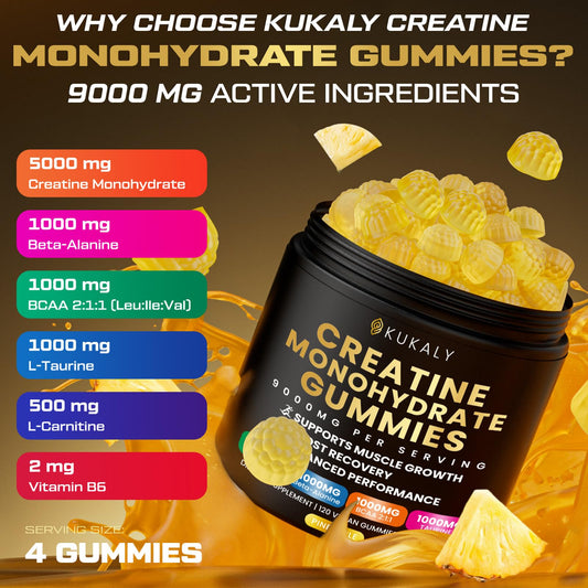 Kukaly Creatine Gummies showing four gummies per serving for dosing