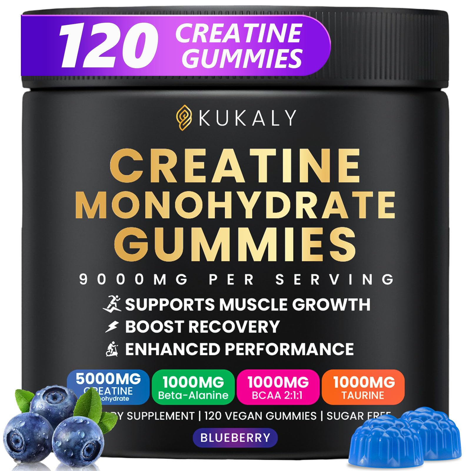 Kukaly Creatine Gummies blueberry bottle for daily energy support
