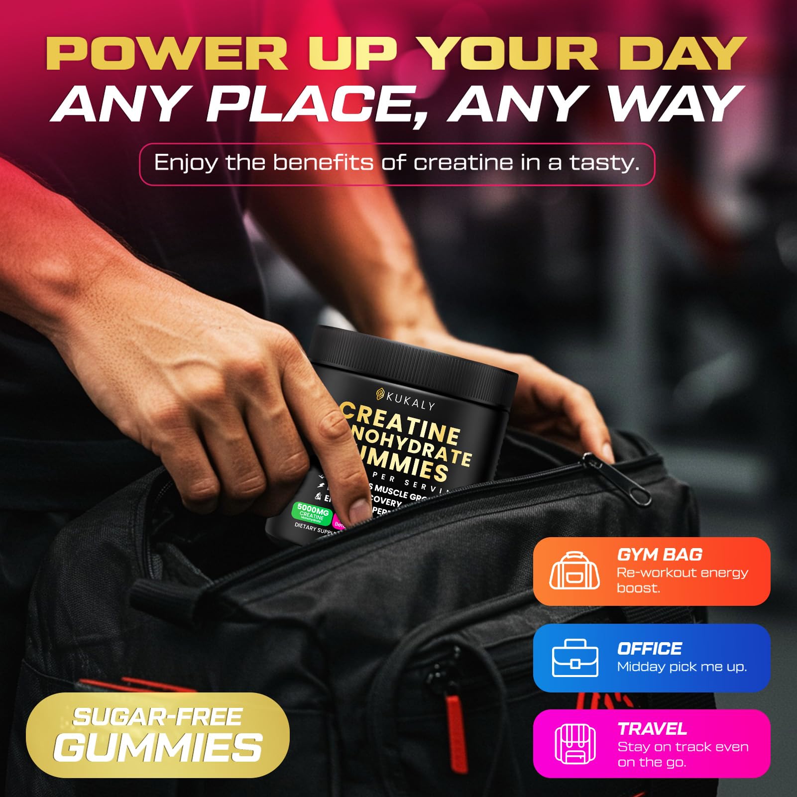 KUKALY Creatine Gummies closeup chews highlights flavorful, sugar-free performance snack.
