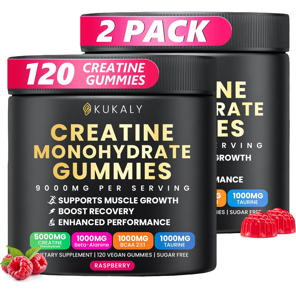KUKALY Creatine Gummies Raspberry bottle for convenient on-the-go energy support.