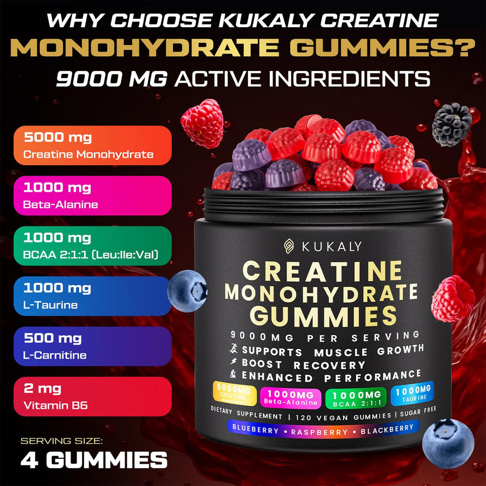 Kukaly Creatine Gummies close-up shows chewy texture and fruity taste.