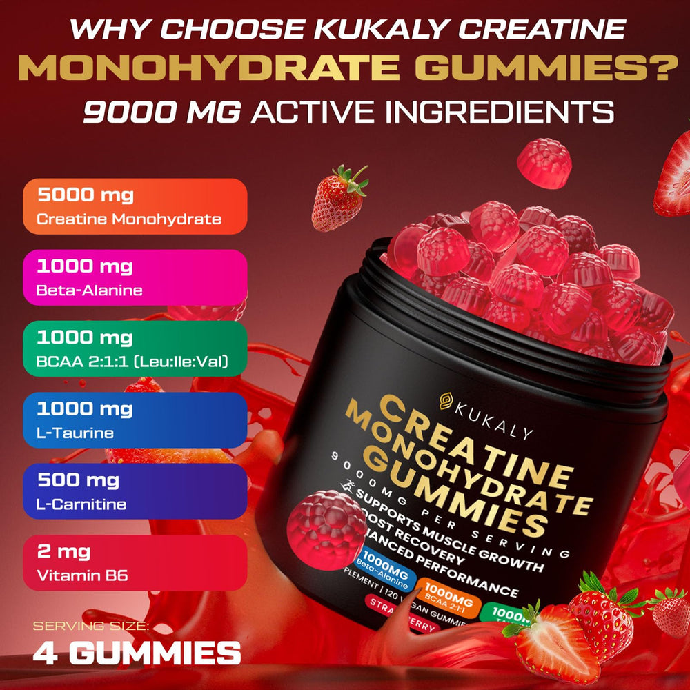 KUKALY creatine gummies ingredient label highlights vegan, non-GMO formula.