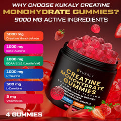 KUKALY creatine gummies ingredient label highlights vegan, non-GMO formula.