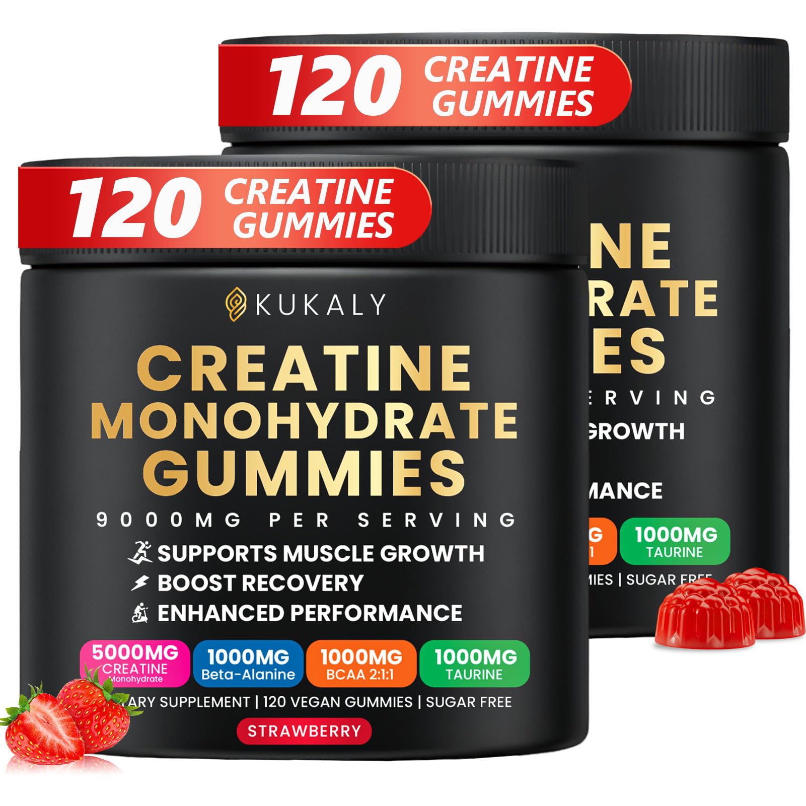 KUKALY creatine gummies bottle with strawberry flavor for convenient daily energy.