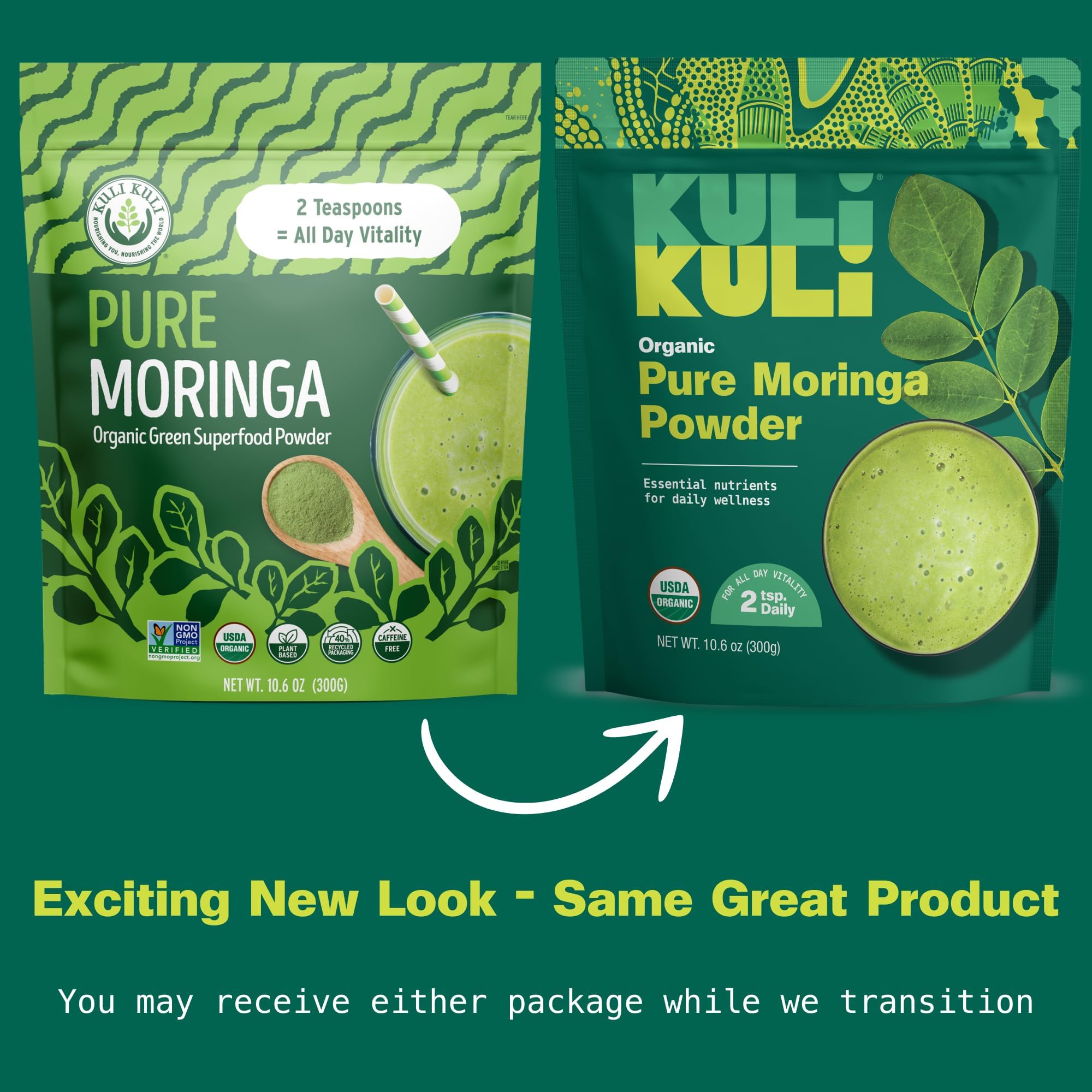 Kuli Kuli Moringa powder scoop for easy, measured greens in smoothies